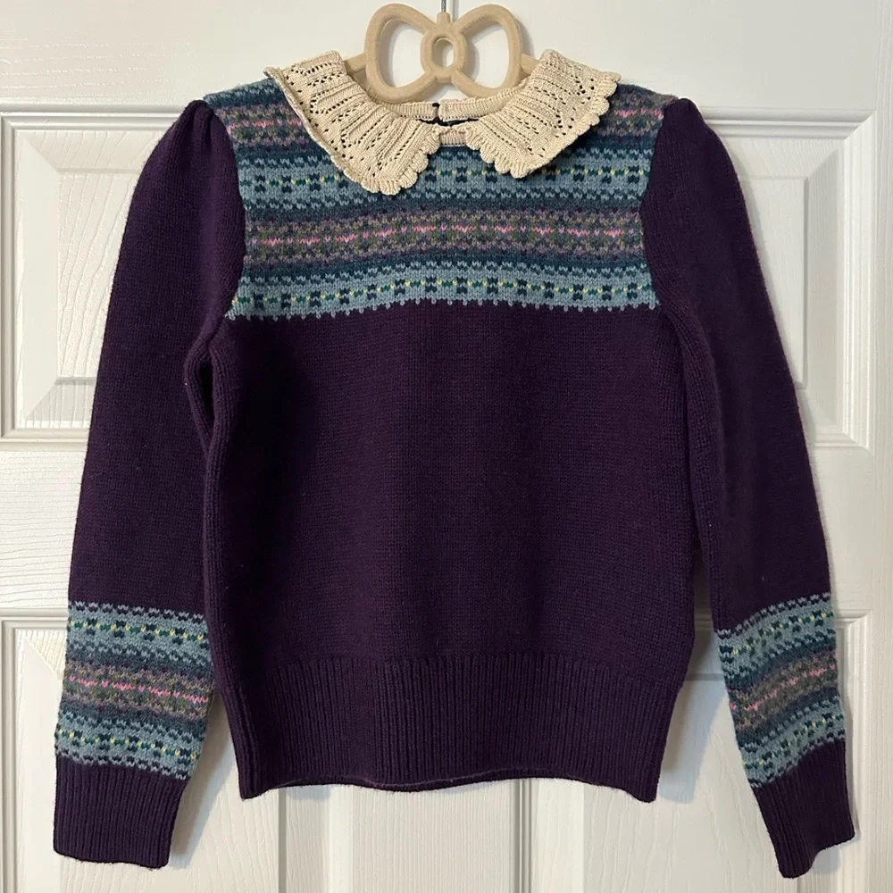 Ralph Lauren Purple Fair Isle Sweater with Cream Lace Collar